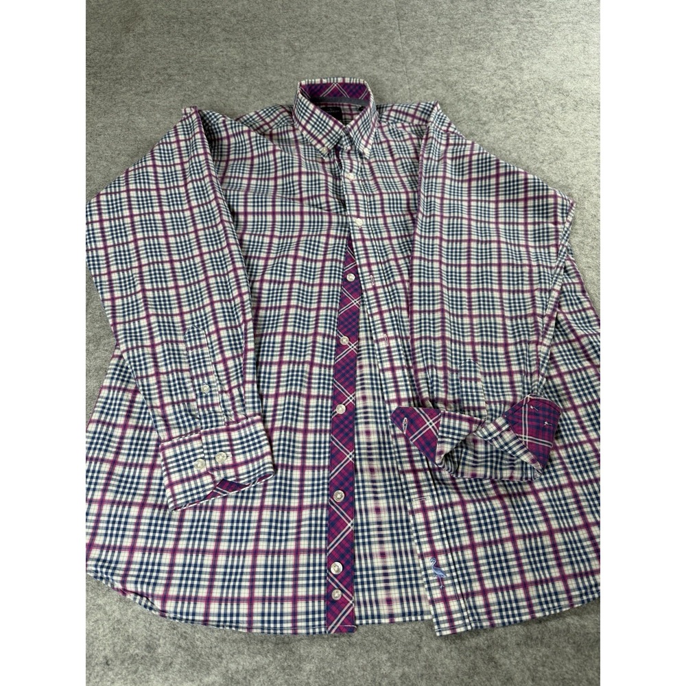 Tailorbyrd Mens Button Down Shirt Large Blue Pink Plaid Long Sleeve Flip Cuff